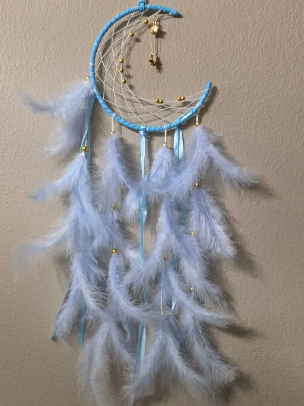 Crescent Moon Dreamcatcher Light Blue with White Feathers Gold Beads Star Charms
